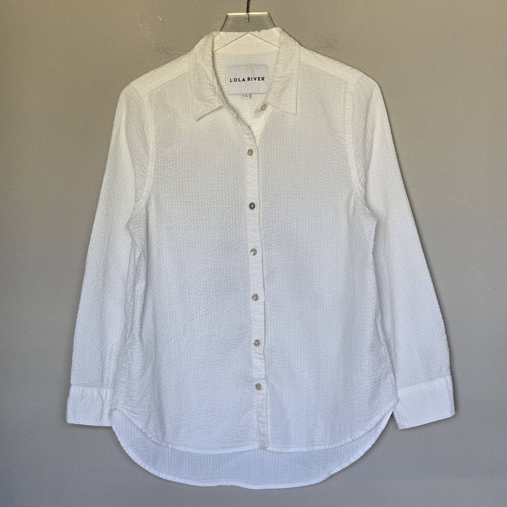 Lola River White Gauzy Seesucker Cotton Button-Down Shirt Women's Size L - Picture 2 of 8